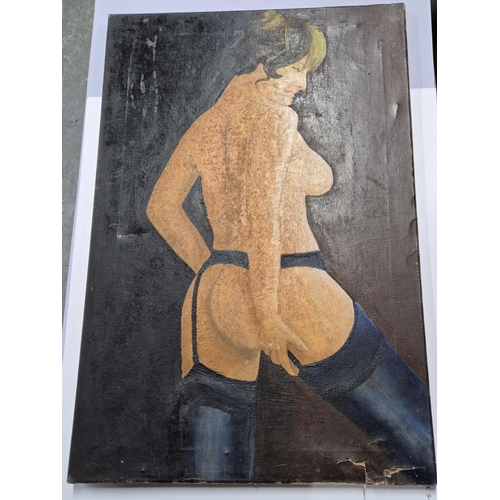 135 - Unsigned oil on canvas, three-quarter length portrait, erotic female nude, unframed