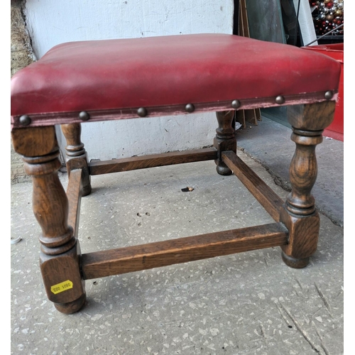 423 - Red leather, studied mid 20thC Oak stool/foot-rest