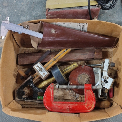 421 - Collection of various tools including a Bosch GFZ 16-35 AC cutter, cased vernier calipers and hammer... 