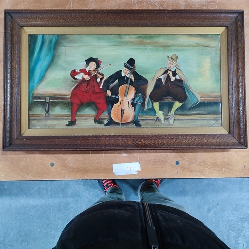 130 - W. F. Davis, oil painting depicting a trio of musicians in a pleasing Oak frame, glazed, 29 x 59cm