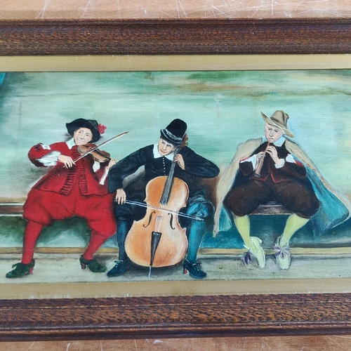 130 - W. F. Davis, oil painting depicting a trio of musicians in a pleasing Oak frame, glazed, 29 x 59cm