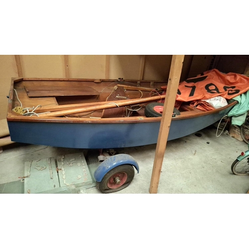 0A - Vintage wooden Mirror kit  dingy (low number - 6786) with towing trailer, sails, paddles and other a... 