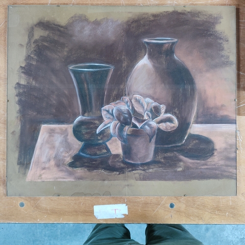 129 - Unsigned watercolour and pencil of still-life flowers and vases on a table, glazed, 50 x 60cm