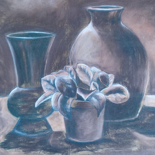 129 - Unsigned watercolour and pencil of still-life flowers and vases on a table, glazed, 50 x 60cm