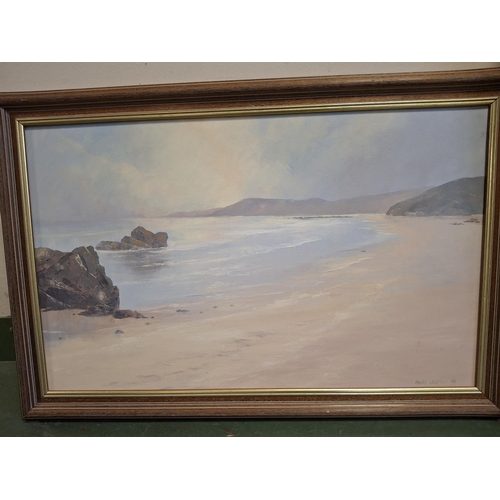 259 - Three items to include a 1990s Mary Westie Cornish beach scene oil, a Ben Maile street scene print a... 