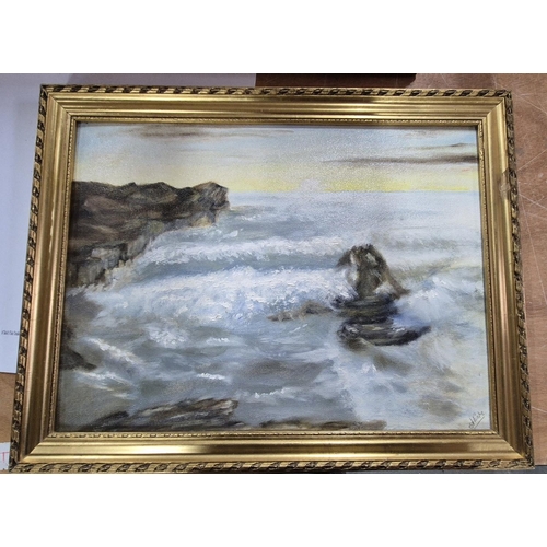 265 - indistinctly signed, gilt framed oil painting depicting a rocky coastal scene