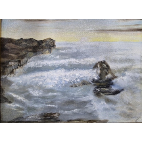 265 - indistinctly signed, gilt framed oil painting depicting a rocky coastal scene