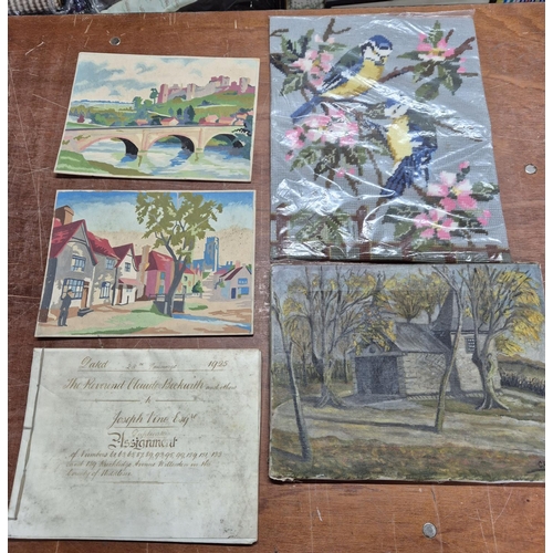 266 - Small mid 20thC oil painting together with some small 20thC watercolours and an indenture on velum (... 