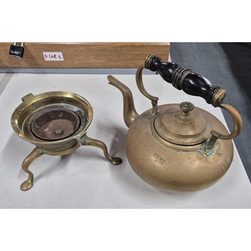 73 - Brass fireguard together with brass kettle on stand (2)