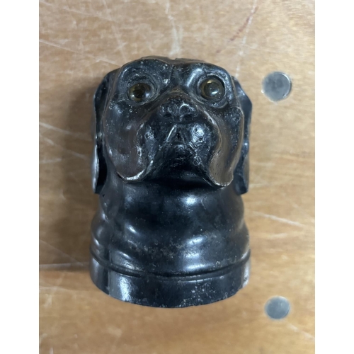 80 - Old, cast iron money box in the form of a dogs head with glass eyes