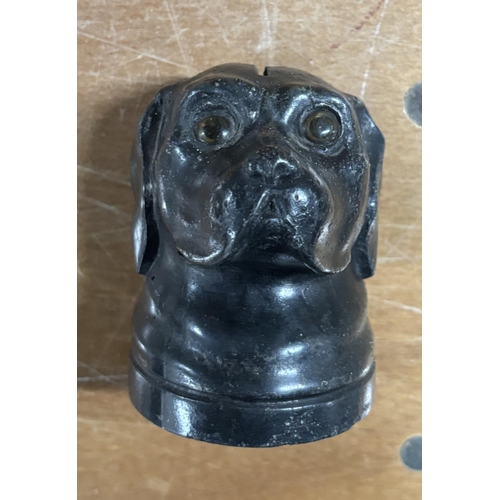 80 - Old, cast iron money box in the form of a dogs head with glass eyes