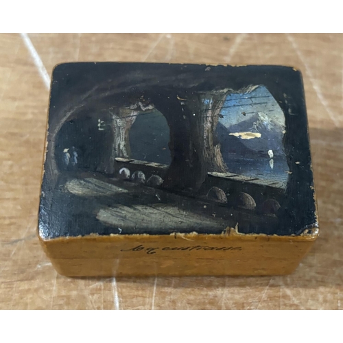 119 - Hand painted 1920s wooden ring box, Alpine lakes scenes