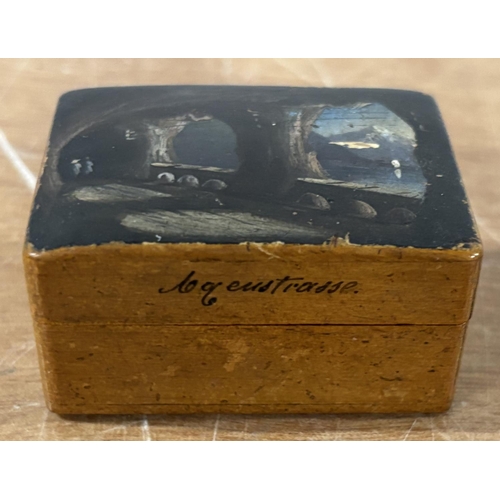 119 - Hand painted 1920s wooden ring box, Alpine lakes scenes