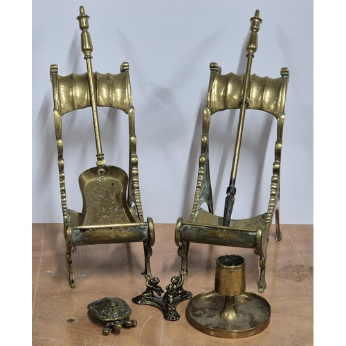 140 - Pair of fine quality brass fire stands with associated brass shovel and poker together with a very h... 