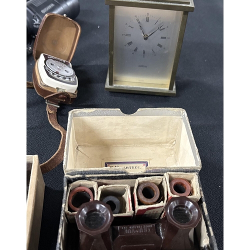 233 - Quantity of vintage collectables to include binoculars, camera, view finder, mantle clock etc