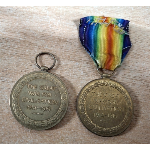 302 - Two WWI British Victory  medals, one to 1407 Pte D Main, the other to 318546 Gnr LJ L Impey R.A (2)