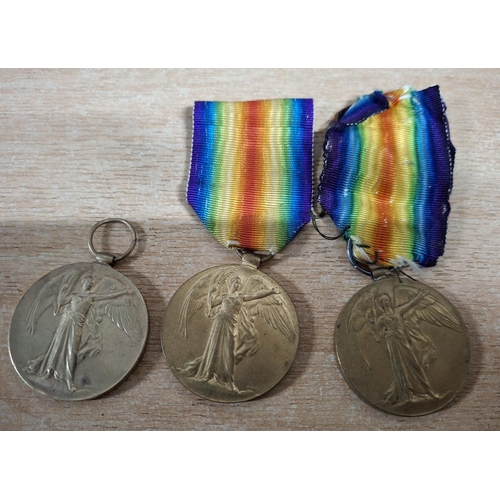 307 - Three WWI British Victory medals, one to R-111120  Pte W Hilton K R RIF C, another to 24945 Pte J I ... 