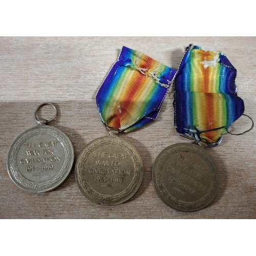 307 - Three WWI British Victory medals, one to R-111120  Pte W Hilton K R RIF C, another to 24945 Pte J I ... 