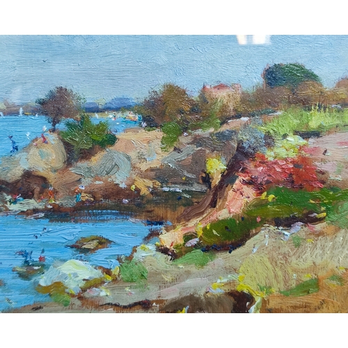 290 - Indistinctly signed impasto oil painting of a coastal scene, framed and glazed, 15 x 20cm