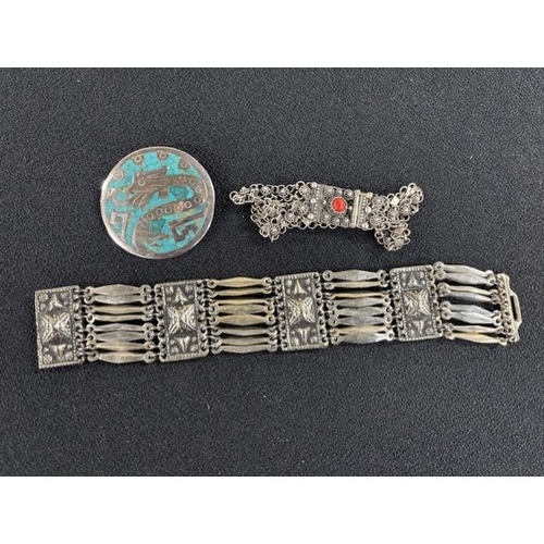 17A - Mexican Silver bracelet and Brooch with another Bracelet 

54.5 g