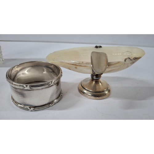 10 - Hallmarked silver napkin ring together with a silver and shell ash-tray and a small silver topped bo... 