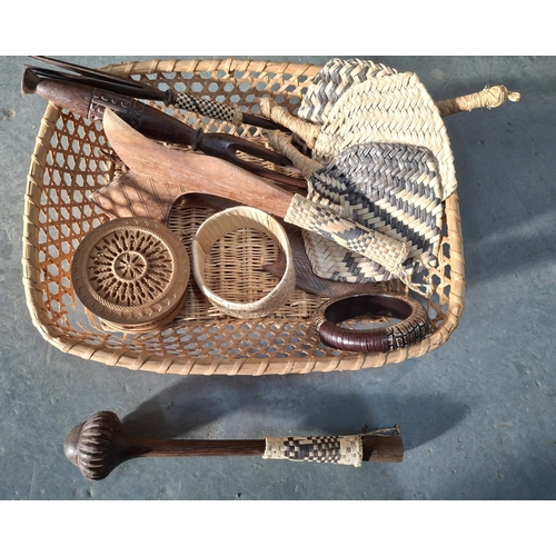 58 - Small basket of wooden African tribal items including a club