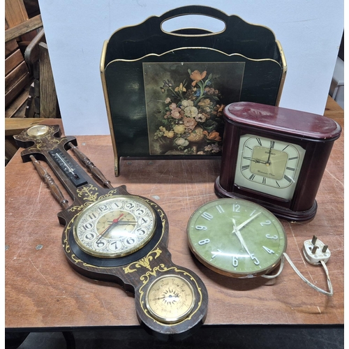 82 - Quantity of household items to include a vintage Metamec wall clock, a Seiko mantle clock, a magazin... 