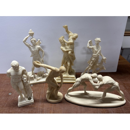 97 - 6 Greek Alabaster figures including The Ancient Wrestlers