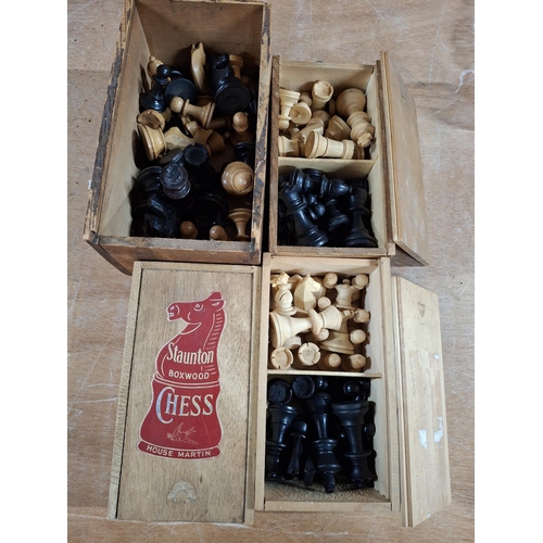 109 - STAUNTON wooden chess set in original box together with 3 other similar wooden chess sets, all possi... 