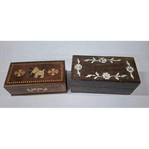 111 - Tunbridge ware type inlaid box depicting 2 Terrier dogs together with a box with mother of pearl inl... 