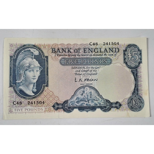 39 - British 1950s £5 blue, L K O'Brien cashier, VF condition