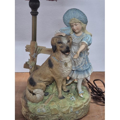 126 - Unusual early 20thC porcelain table lamp of a young girl and dog with original shade