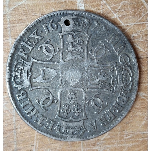 46 - Drilled, 1677 Charles II silver crown with antique engraved A + W to King Charles' head,

approx 29.... 