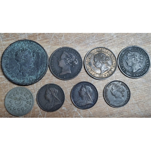 49 - Three QV farthings, all VF together with a USA 1867 5 cent shield etc (8)