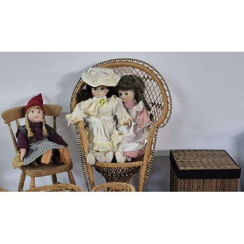 170 - Quantity of dolls chairs together with 3 dolls, 2 Swiss music boxes and other wooden boxes and ornam... 