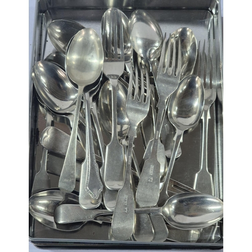 192 - Tin full of of antique, good quality sliver plated flatware together with an etched plated late Vict... 