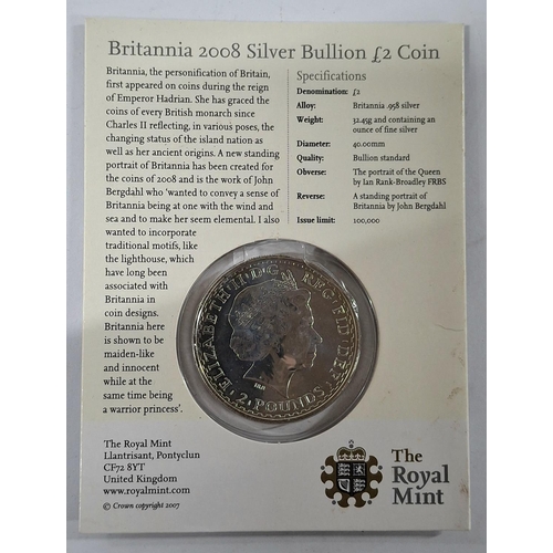 50 - Packaged 2008 Royal Mint silver £2 Britannia limited edition 1oz coin,

1 ounce