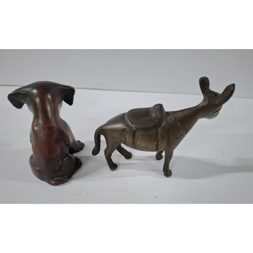 198 - Two small solid Bronze early 20thC figurines, a Puppy and a Donkey (2)