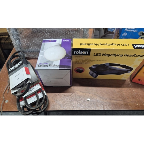 269 - Various boxed as new, misc items to include a caravan step, LED magnifying headband, a Rollco starte... 