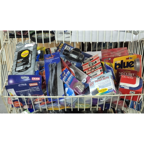 270 - Four shop wire display baskets, each filled with, packaged, as new, various car parts (Qty)