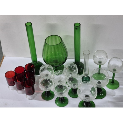 302 - Box of mid century green glassware including a set of etched, green  stemmed goblets, pair of green ... 