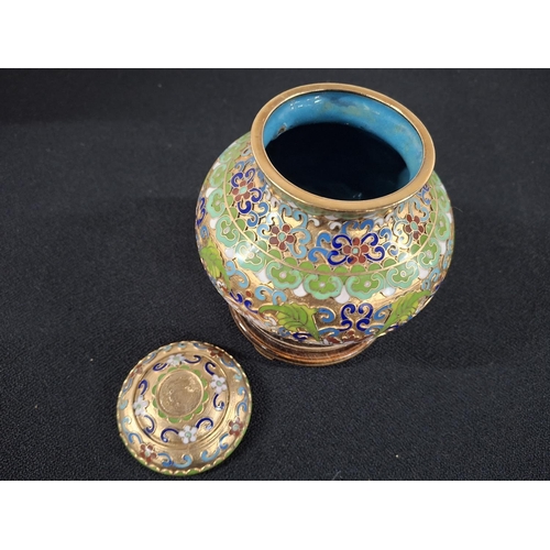 312 - Stunning Asian enamelled lidded squat vase on wooden plinth