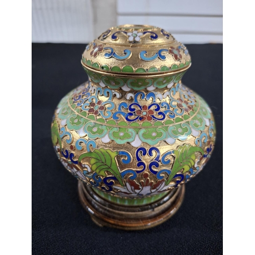 312 - Stunning Asian enamelled lidded squat vase on wooden plinth