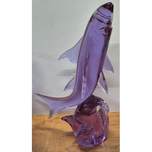 309 - Three huge (approx 46cm tall) purple glass, Elephant, bird and fish figurines, indistinctly signed t... 