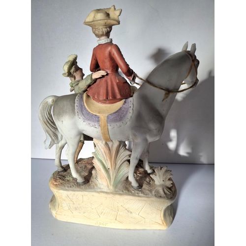 320 - 19thC central European porcelain figurine of lady on horseback with attendant male with impressed ma... 