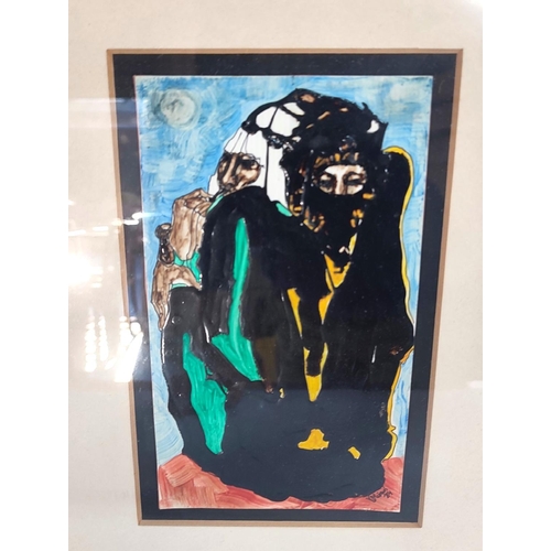 424 - Indistinctly signed 1984 oil on ceramic pile depicting 2 Arab figures in traditional dress, framed