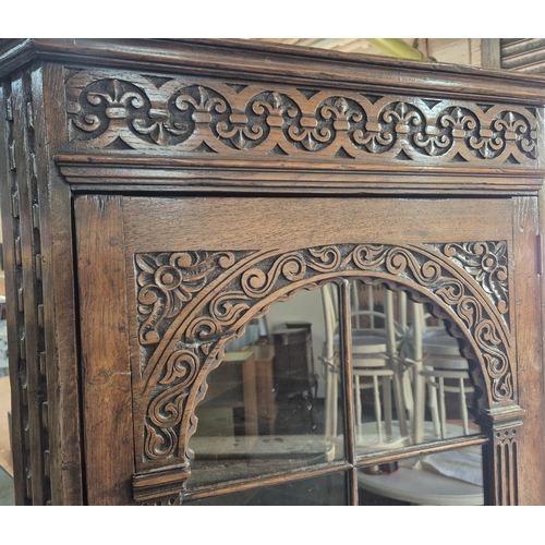 461 - Edwardian ornate Oak, glazed corner cabinet