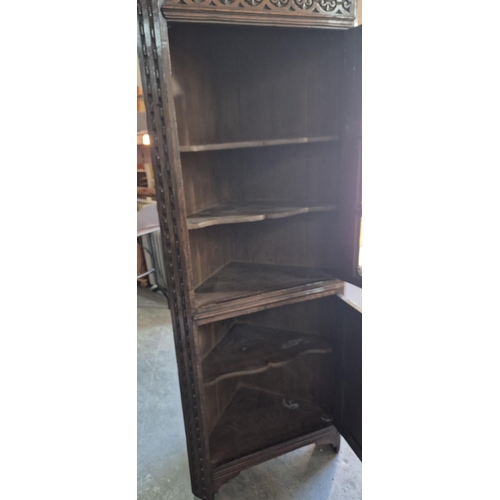 461 - Edwardian ornate Oak, glazed corner cabinet