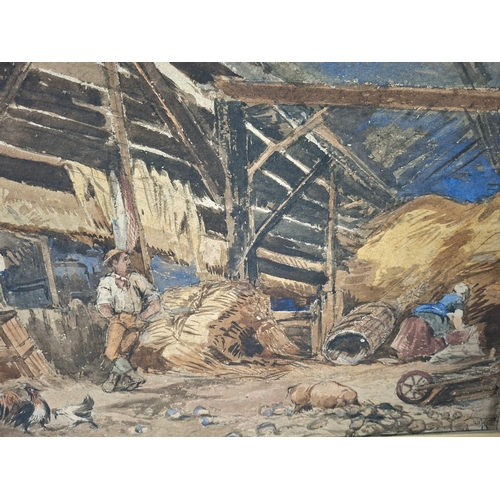 275 - Victorian 1870s monogrammed watercolour depicting an interior barn scene, gilt framed