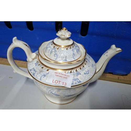 13 - Blue and White Chinaware Victorian teapot stamped S.J.R to base